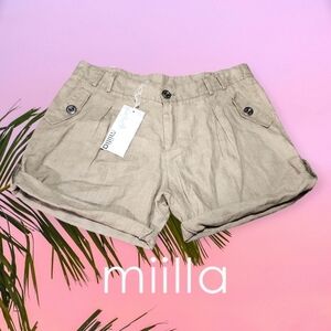 Miilla 100% Linen Statement Buttons Pleated Cuffed Shorts Tan M NEW‎